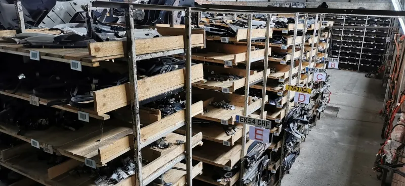 Warehouse shelves with labelled parts